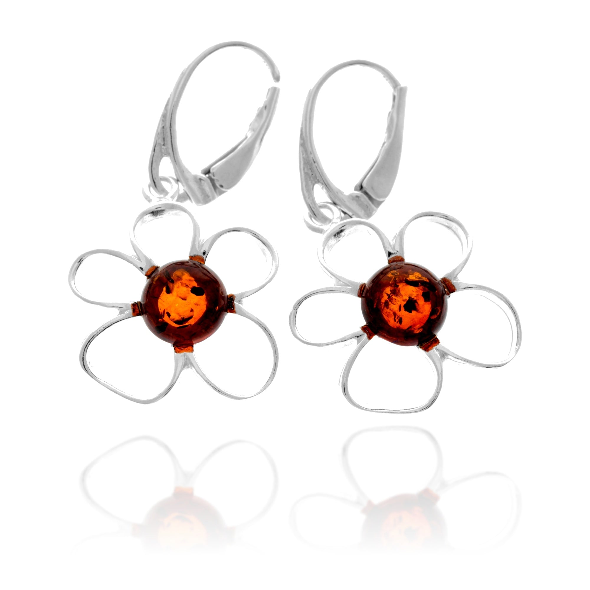 925 Sterling Silver & Genuine Baltic Amber Flowers Drop Earrings - AE33