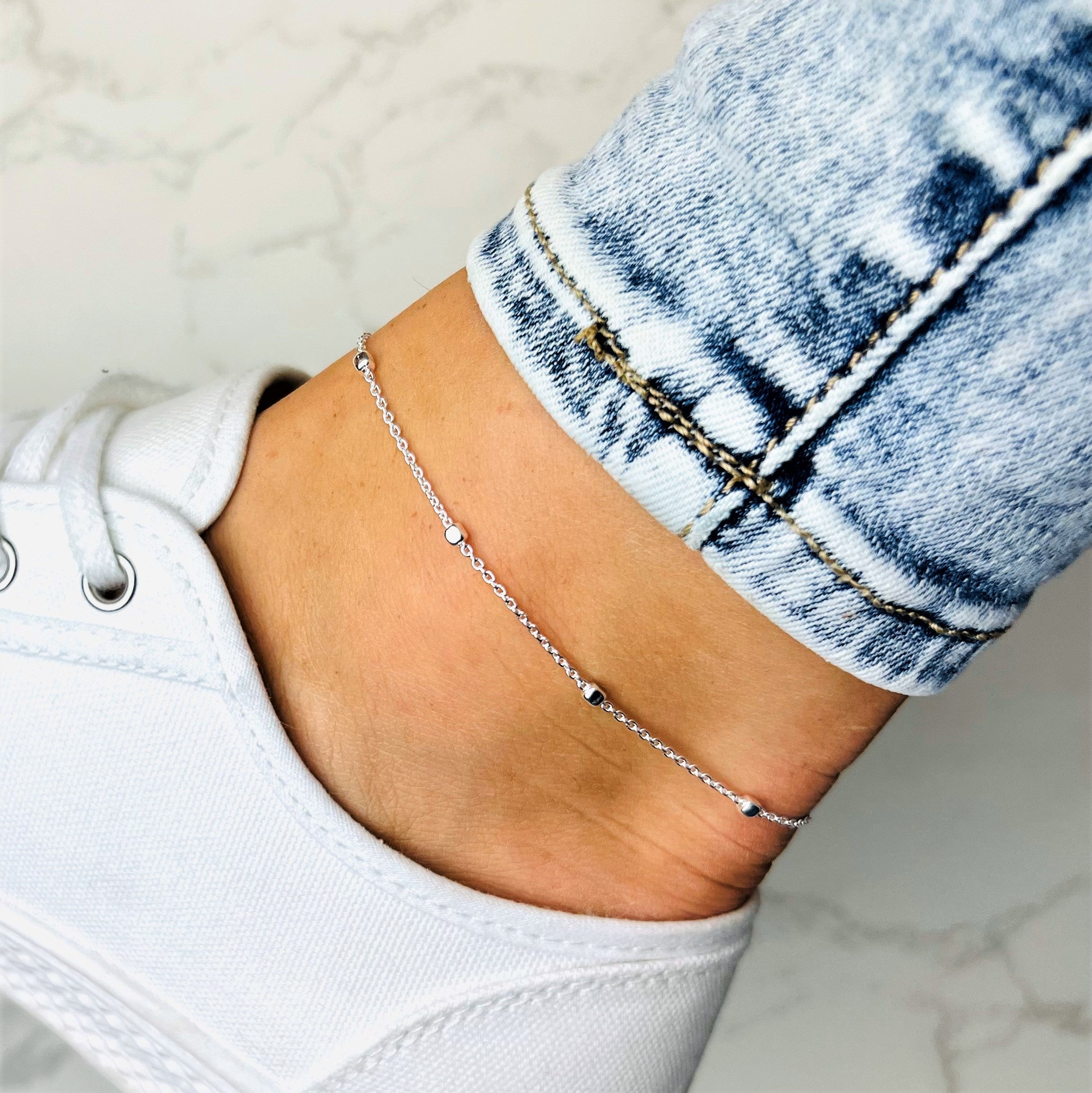 925 Sterling Silver Anti-Tarnish Plated Plain Anklet Bracelet Silver Square Cube Beads with extender - GA-ANK6