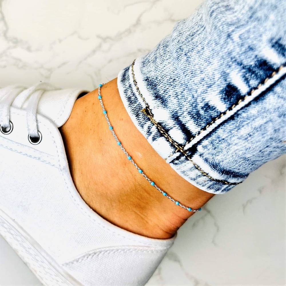 925 Sterling Silver Anti-Tarnish Plated Plain Anklet Bracelet Silver Square Blue Beads with extender - GA-ANK7