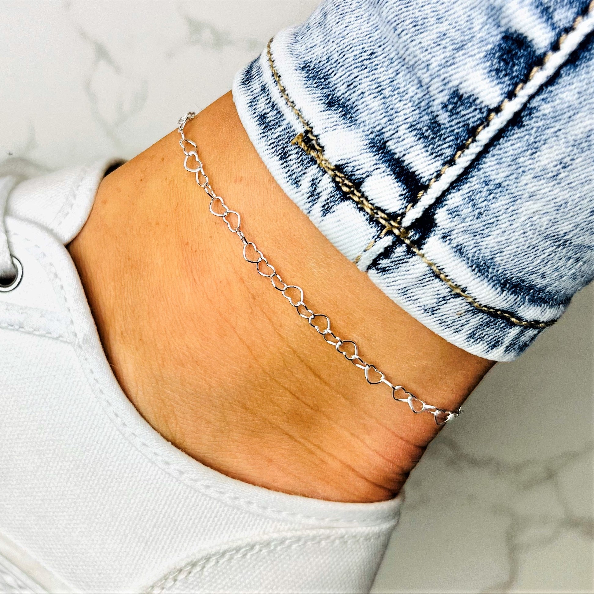 925 Fine Sterling Silver Naturally Adjustable Anklet with Anti Tarnish Coating - 5 mm Heart Chain Ankle Bracelet - GA-ANK3