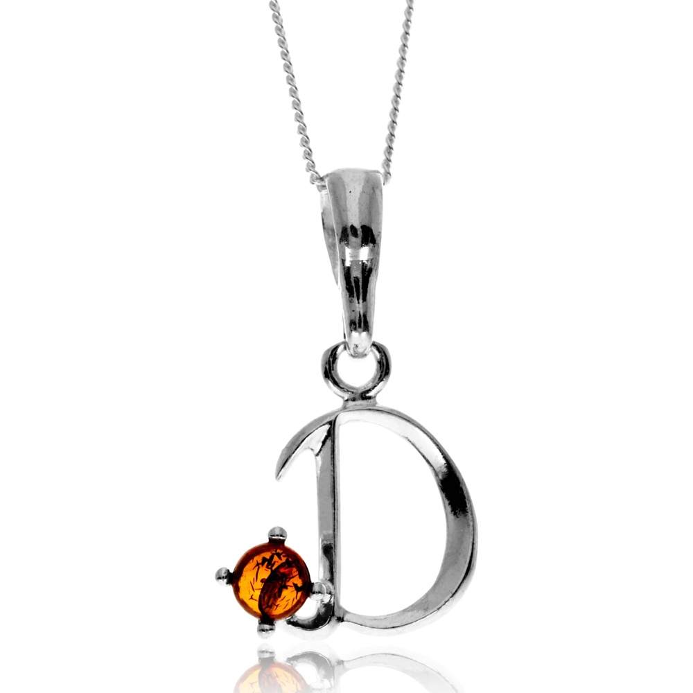 925 Sterling Silver & Genuine Baltic Amber Initials Alphabet Letters Pendant - AP