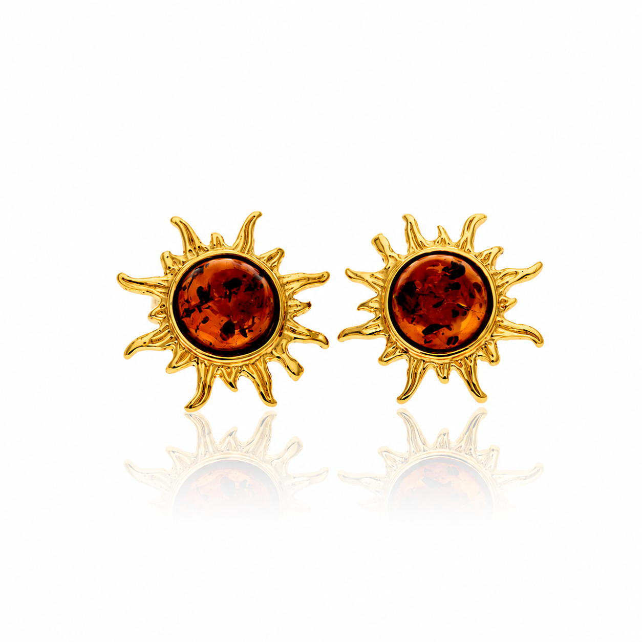 Gold Plated over 925 Sterling Silver & Genuine Baltic Amber Classic Sun Studs Earrings - 8549G