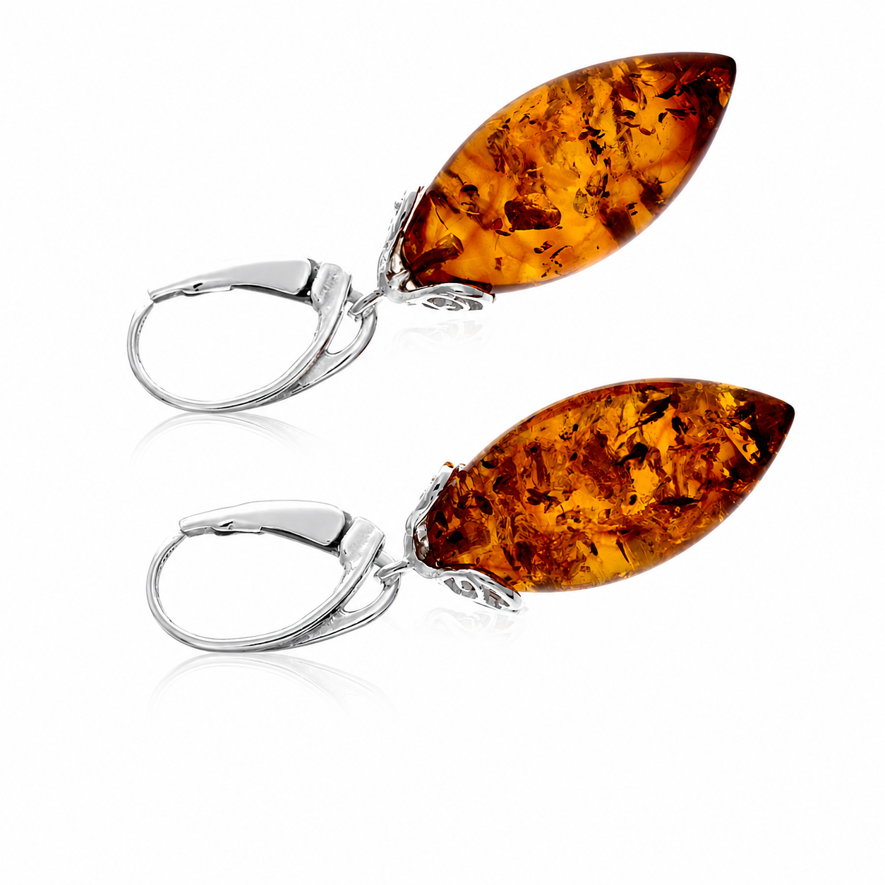 925 Sterling Silver & Genuine Baltic Amber Modern Drop Earrings - 8622B