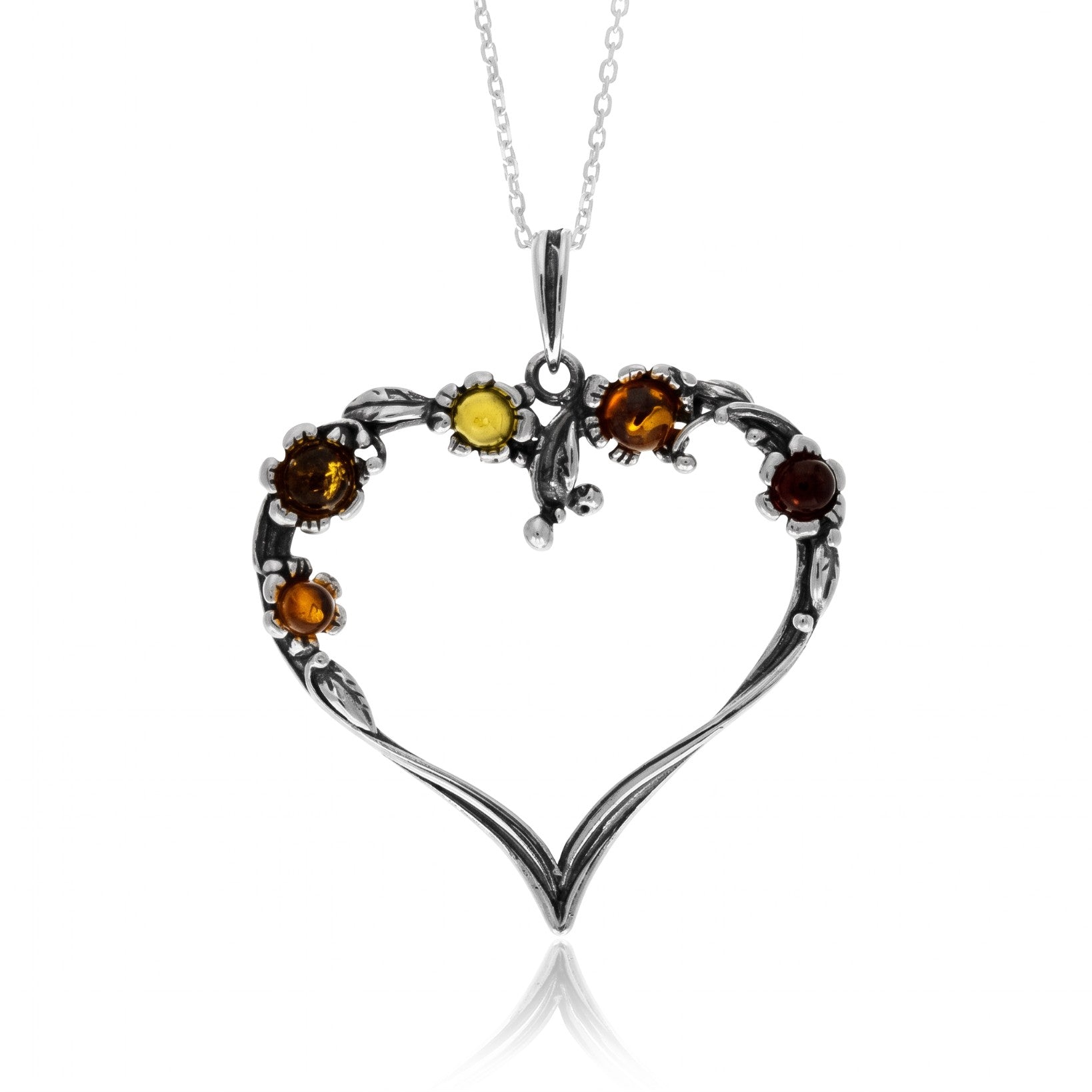925 Sterling Silver & Genuine Baltic Amber Large Multi Stone Heart Exclusive Pendant - J203