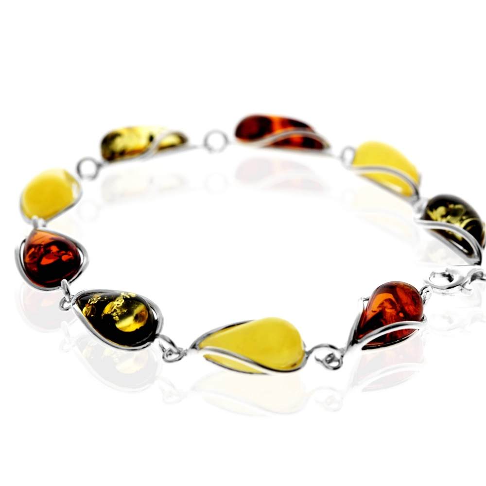 925 Sterling Silver & Genuine Baltic Amber Modern Link Bracelet - G501