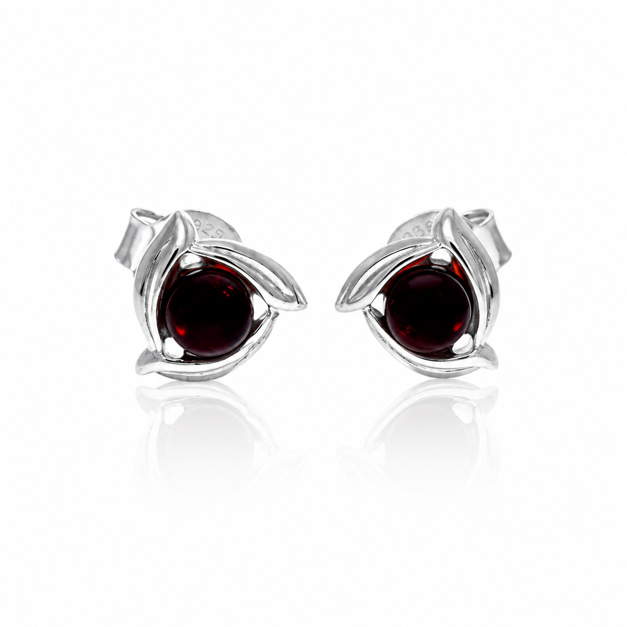 925 Sterling Silver & Genuine Baltic Amber Swirl Studs Earrings - 8575