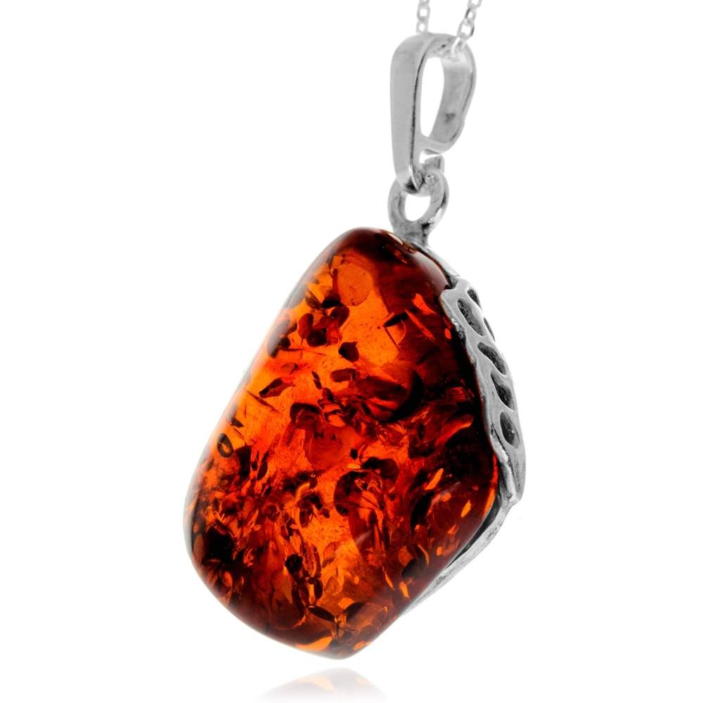 925 Sterling Silver & Genuine Cognac Baltic Amber Unique Exclusive Pendant without a chain - PD2565