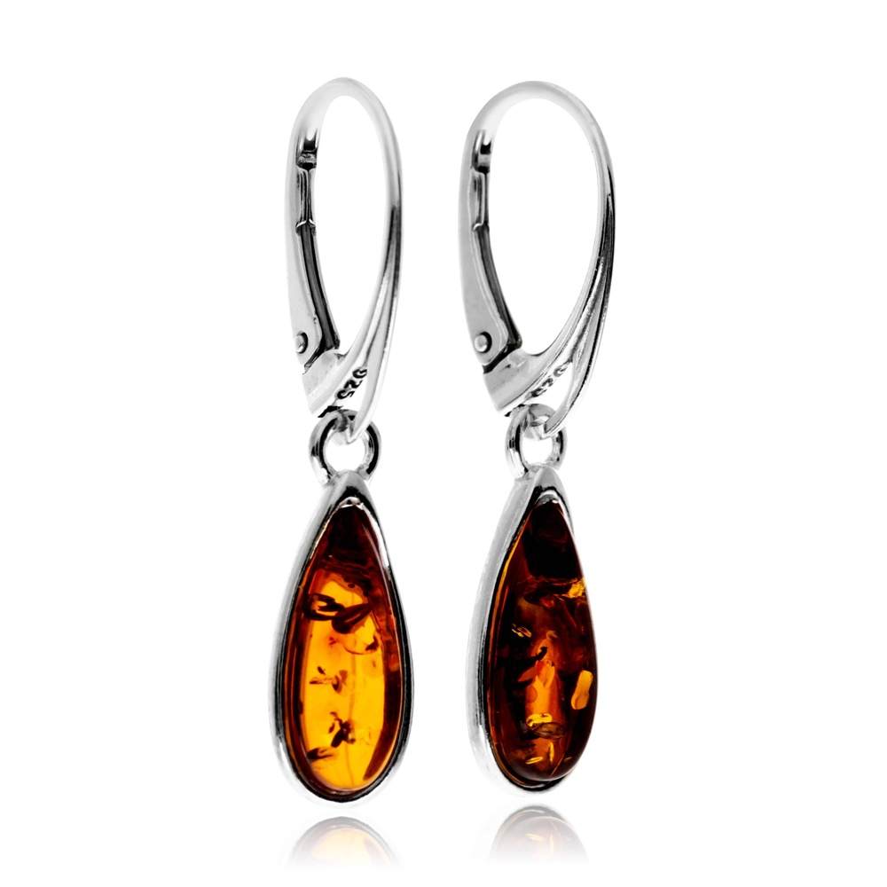 925 Sterling Silver & Baltic Amber Modern Teardrop Drop / Dangle Earrings - G030