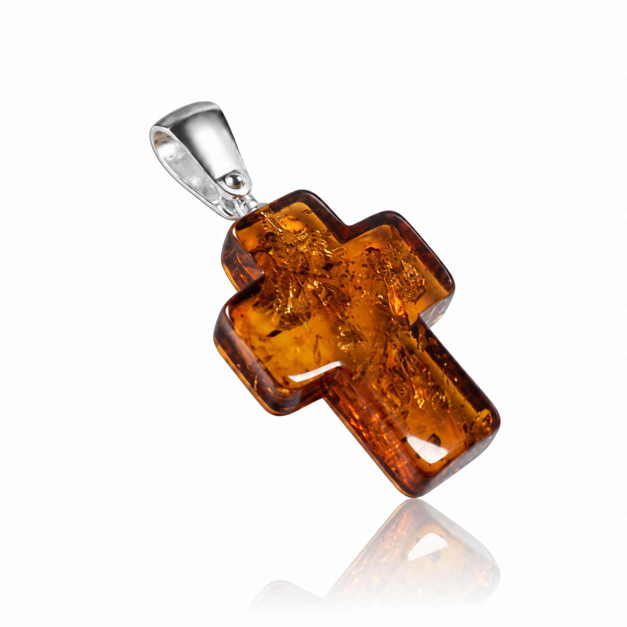 925 Sterling Silver & Genuine Pressed Baltic Amber Carved Cross Pendant - AP24S