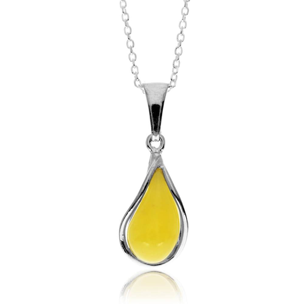 925 Sterling Silver & Genuine Baltic Amber Modern Teardrop Pendant - G235