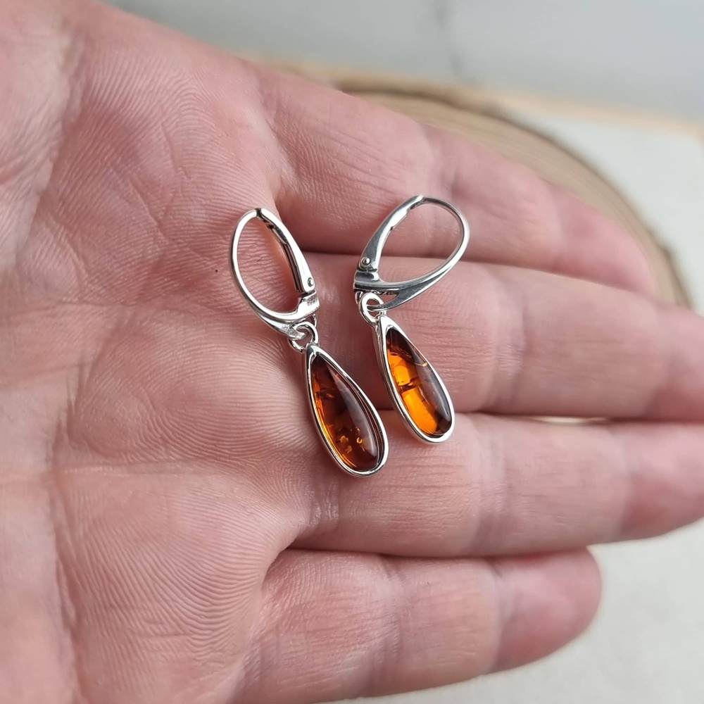 925 Sterling Silver & Baltic Amber Modern Teardrop Drop / Dangle Earrings - G030