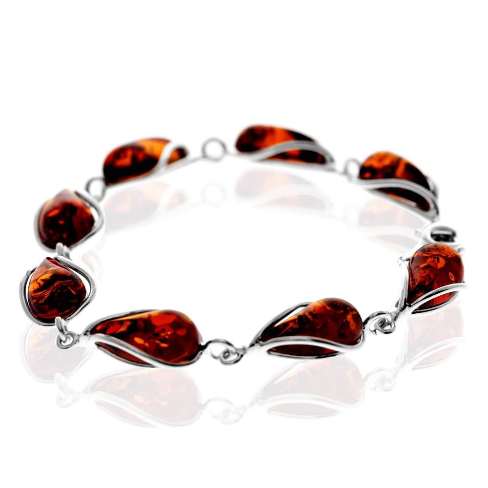 925 Sterling Silver & Genuine Baltic Amber Modern Link Bracelet - G501