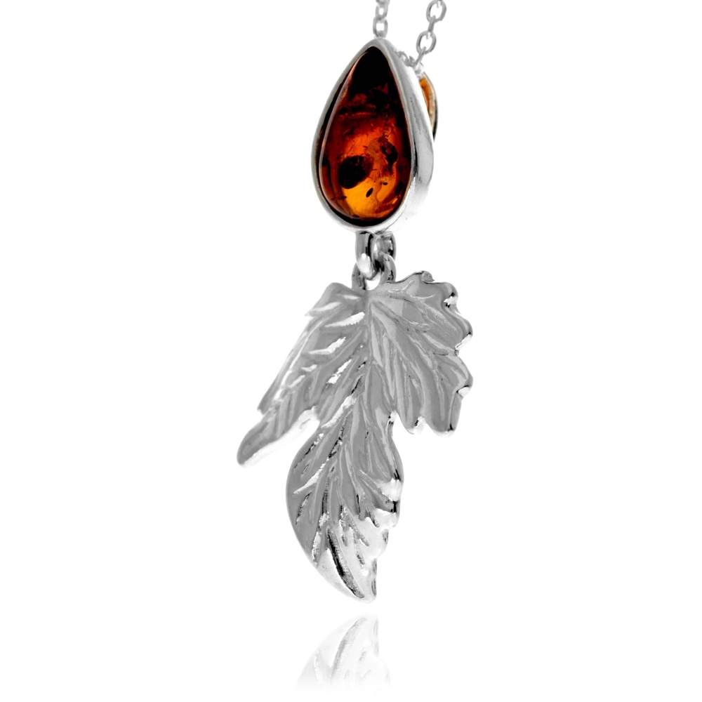 925 Sterling Silver & Teardrop Genuine Baltic Amber Leaf Pendant - GL2064