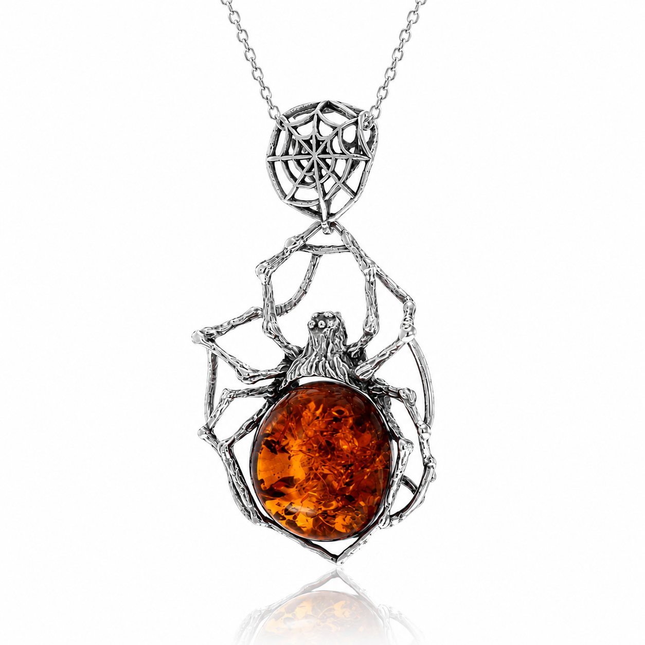 925 Sterling Silver & Genuine Baltic Amber Large Exclusive Spider Pendant - 771