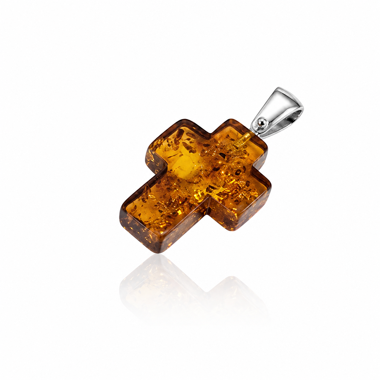 925 Sterling Silver & Genuine Pressed Baltic Amber Carved Cross Pendant - AP24S