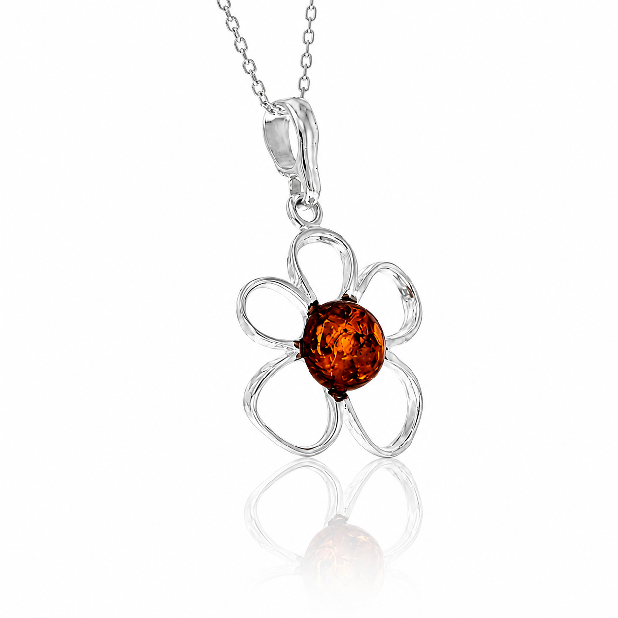 925 Sterling Silver & Genuine Baltic Amber Flower Exclusive Pendant - 766