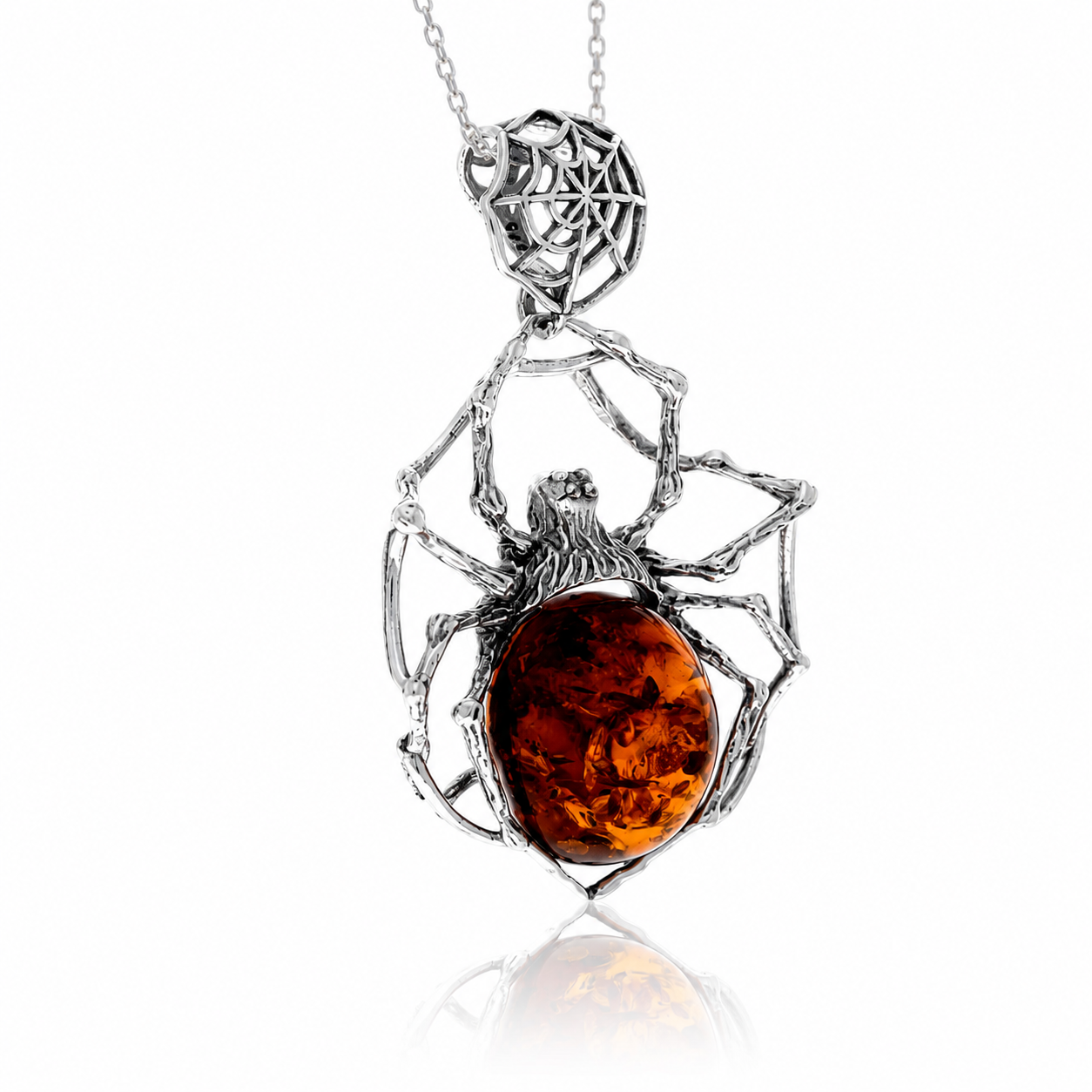 925 Sterling Silver & Genuine Baltic Amber Large Exclusive Spider Pendant - 771