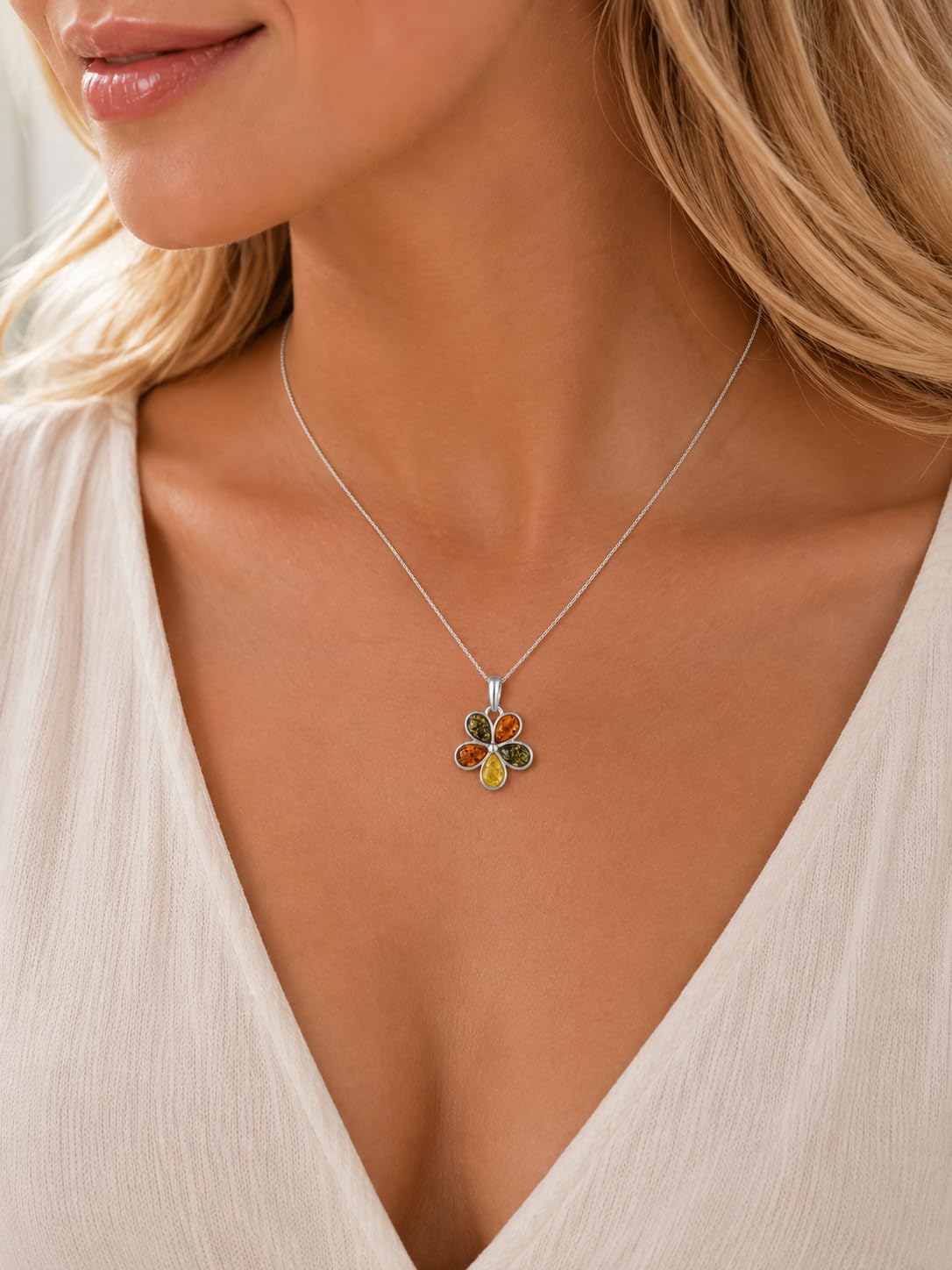 925 Sterling Silver & Genuine Teardrop Baltic Amber Multi Stones Classic Pendant - 1665
