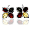 925 Sterling Silver & Genuine Baltic Amber Multi-Stones Lucky Clover Flowers Studs Earrings - GL1035