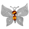 925 Sterling Silver & Genuine Baltic Amber Butterfly Brooch - 4012