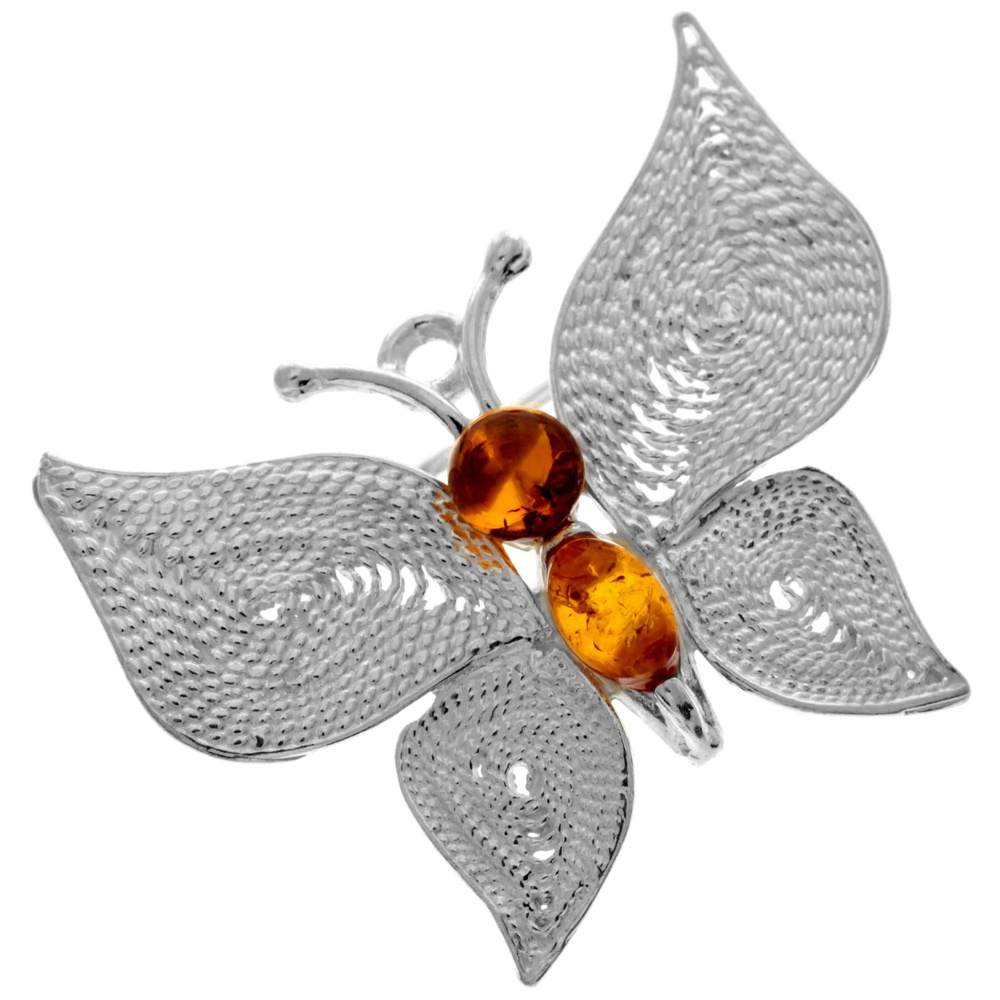 925 Sterling Silver & Genuine Baltic Amber Butterfly Brooch - 4012