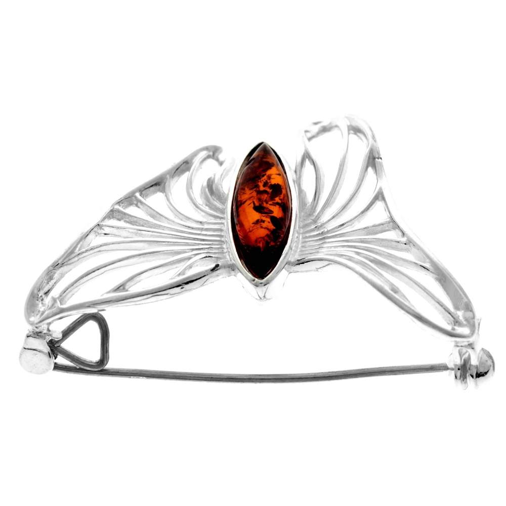 925 Sterling Silver & Genuine Baltic Amber Butterfly Brooch - 4171