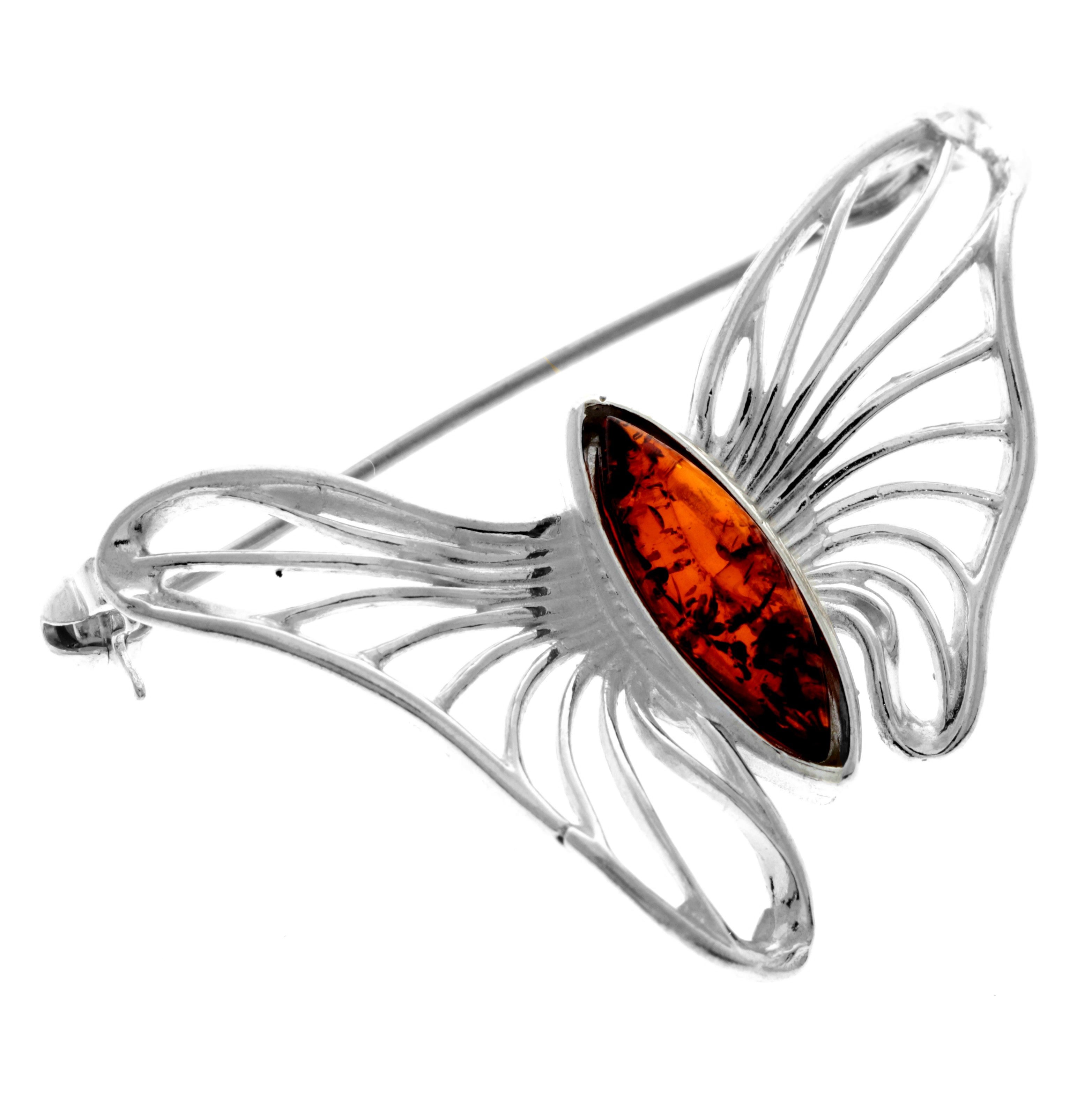 925 Sterling Silver & Genuine Baltic Amber Butterfly Brooch - 4171