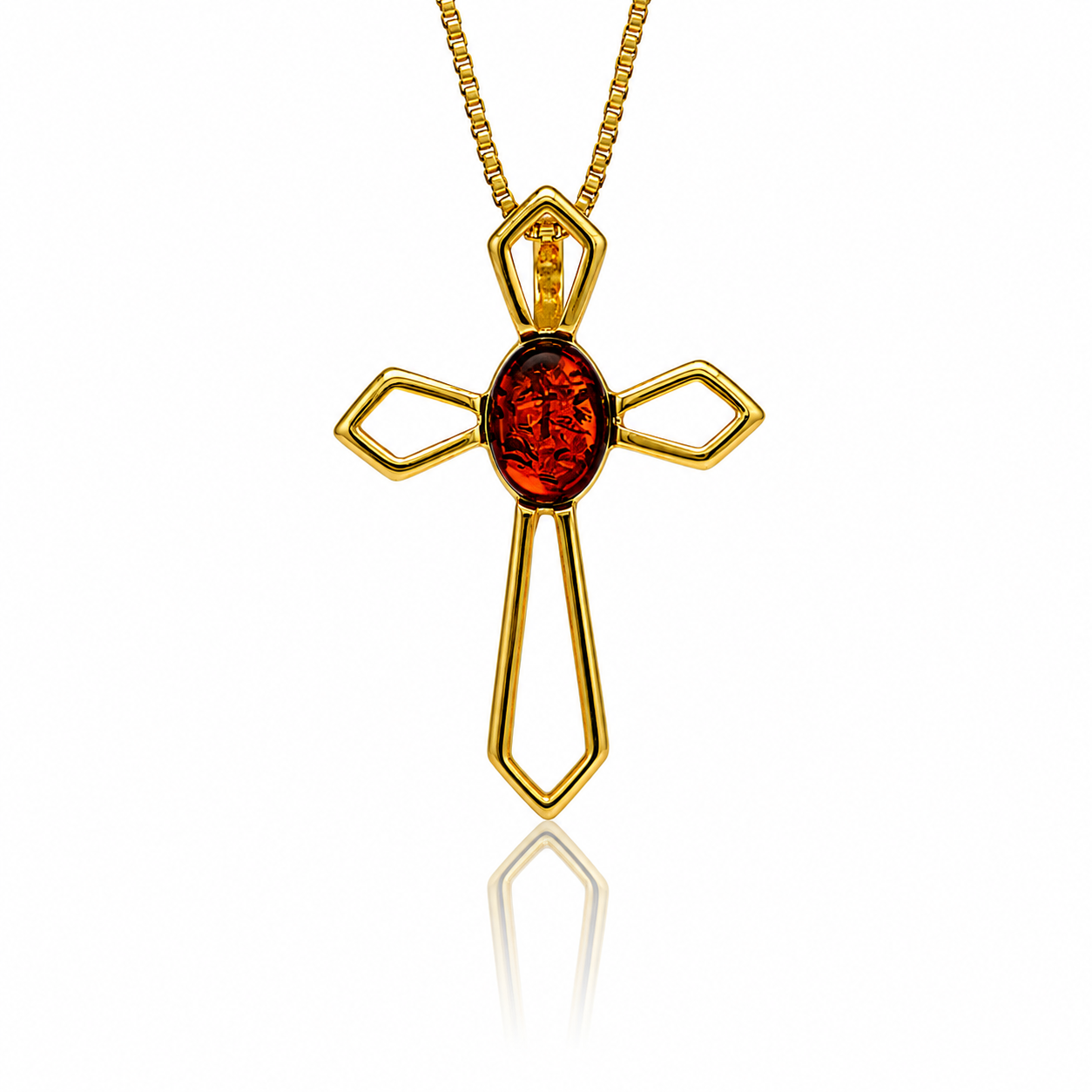 Gold-Plated Over 925 Sterling Silver & Genuine Baltic Amber Cross Exclusive Pendant - G2