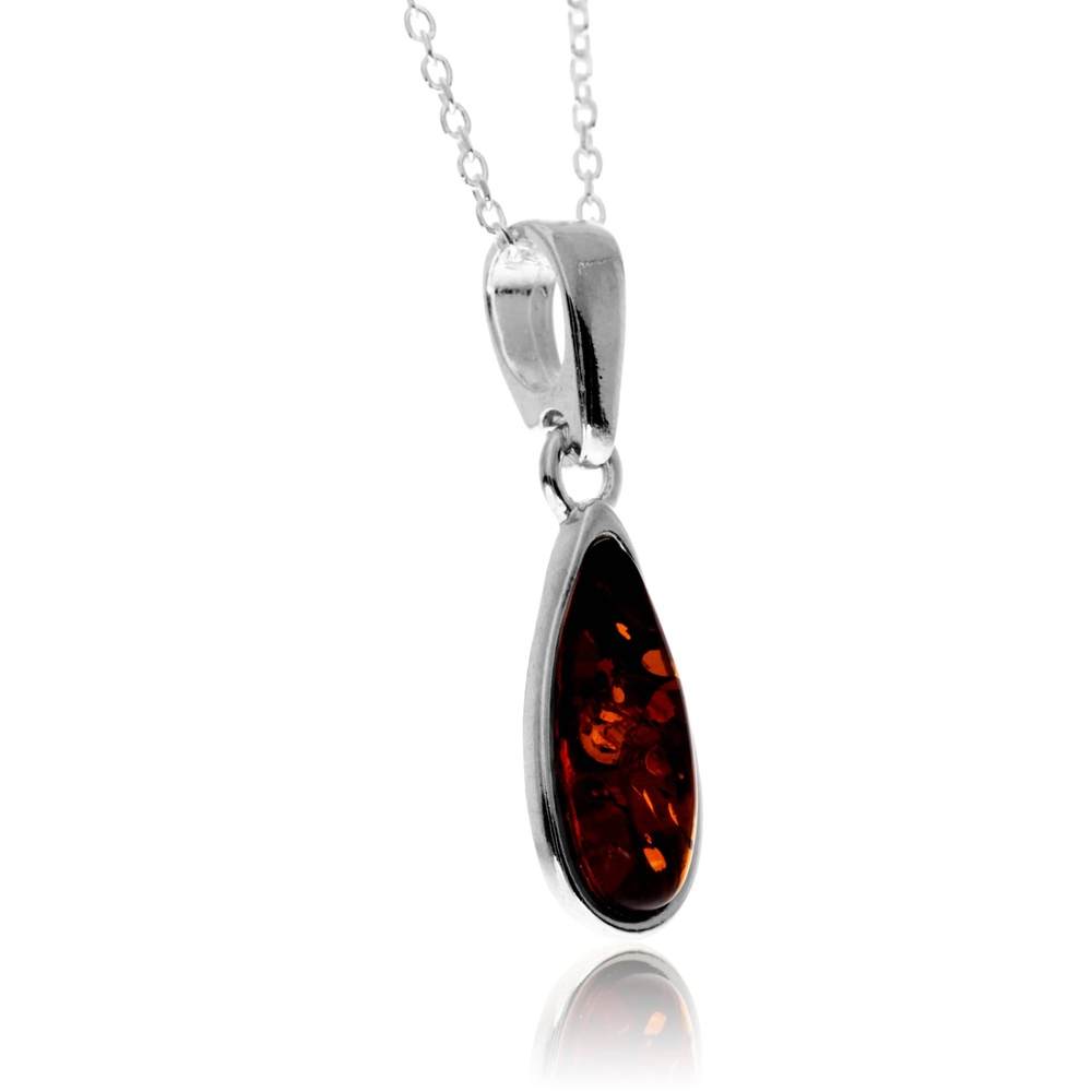 925 Sterling Silver & Genuine Baltic Amber Modern Teardrop Pendant - G236