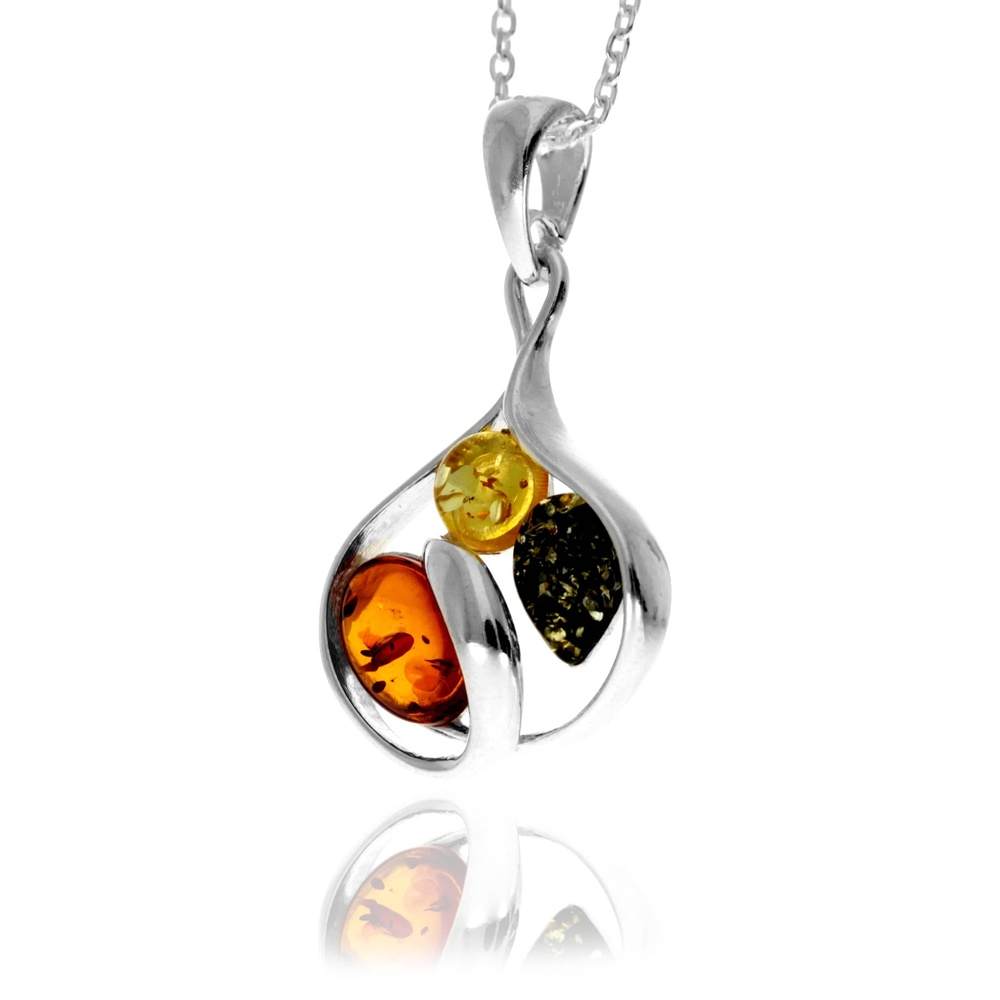 925 Sterling Silver & Genuine Baltic Amber Modern Multi-Stone Pendant - GL2066