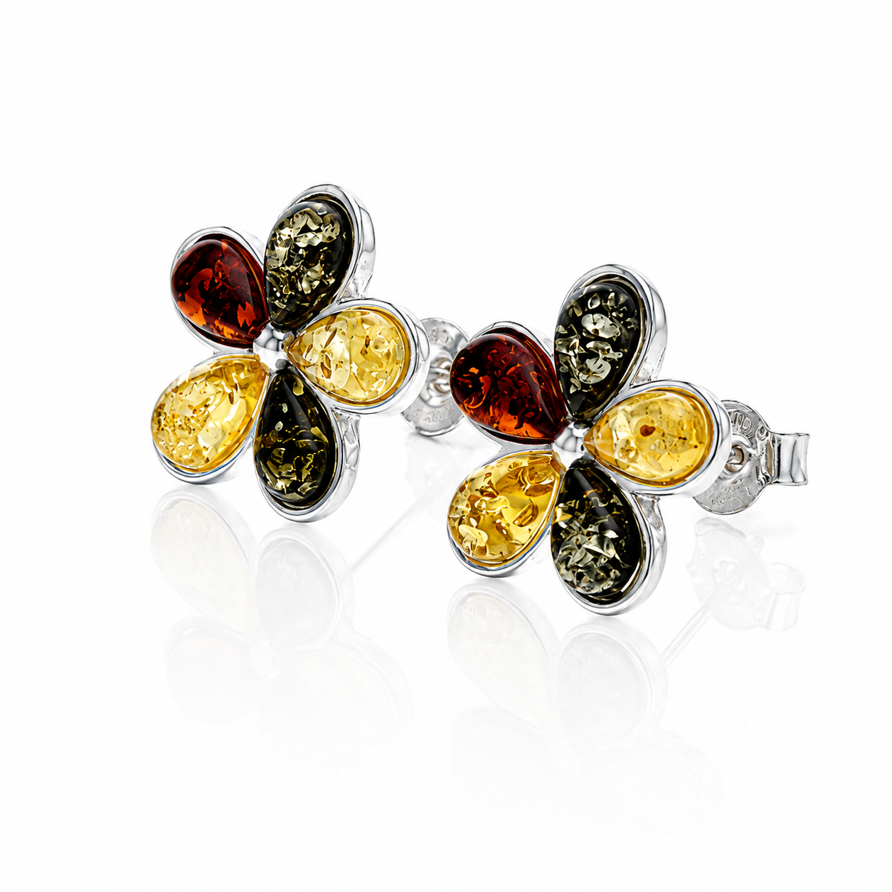 925 Sterling Silver & Genuine Baltic Amber Flowers Studs Earrings - 5267