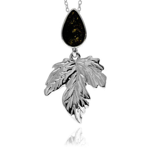 925 Sterling Silver & Teardrop Genuine Baltic Amber Leaf Pendant - GL2064