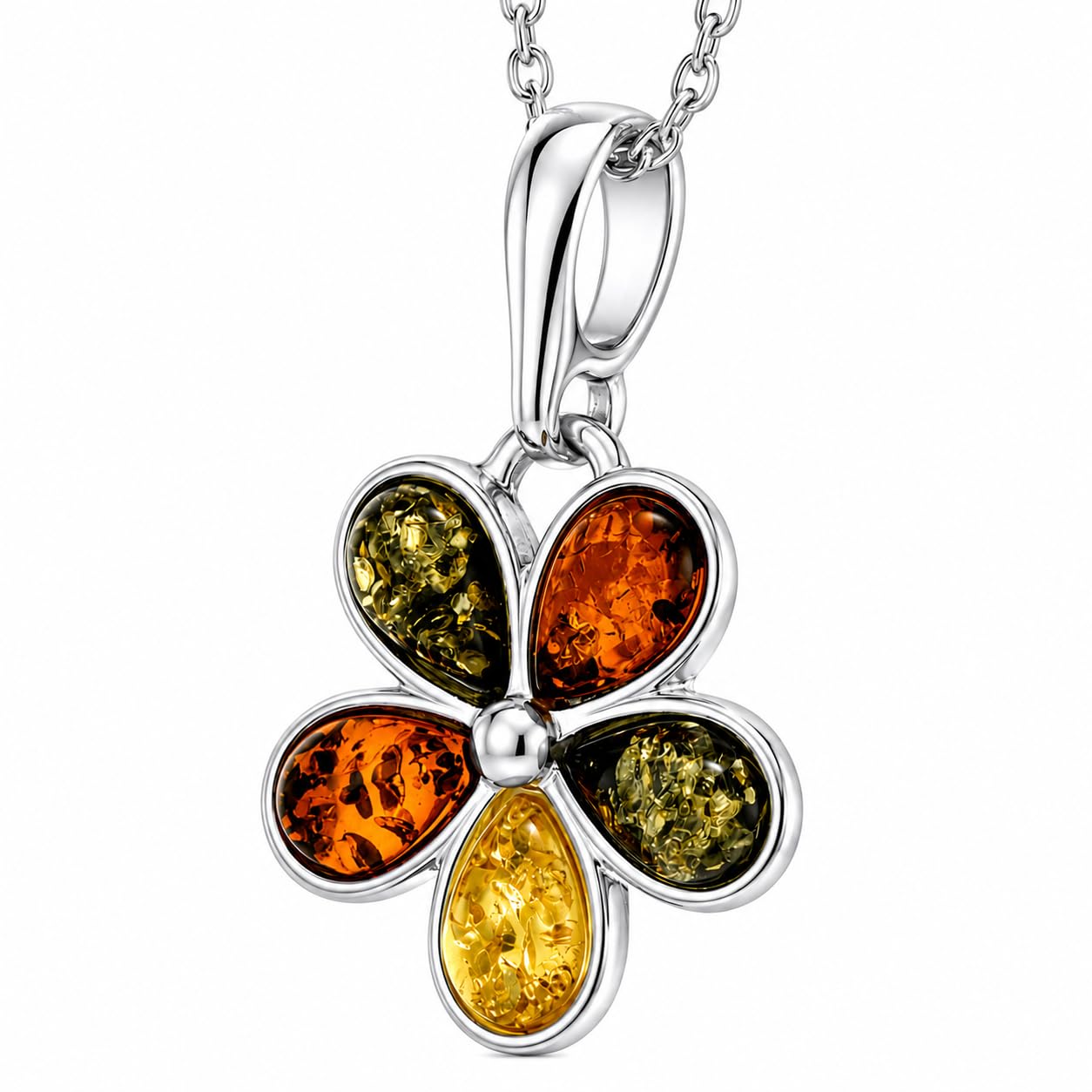 925 Sterling Silver & Genuine Teardrop Baltic Amber Multi Stones Classic Pendant - 1665