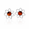 925 Sterling Silver & Genuine Baltic Amber Flowers Studs Earrings - 8417