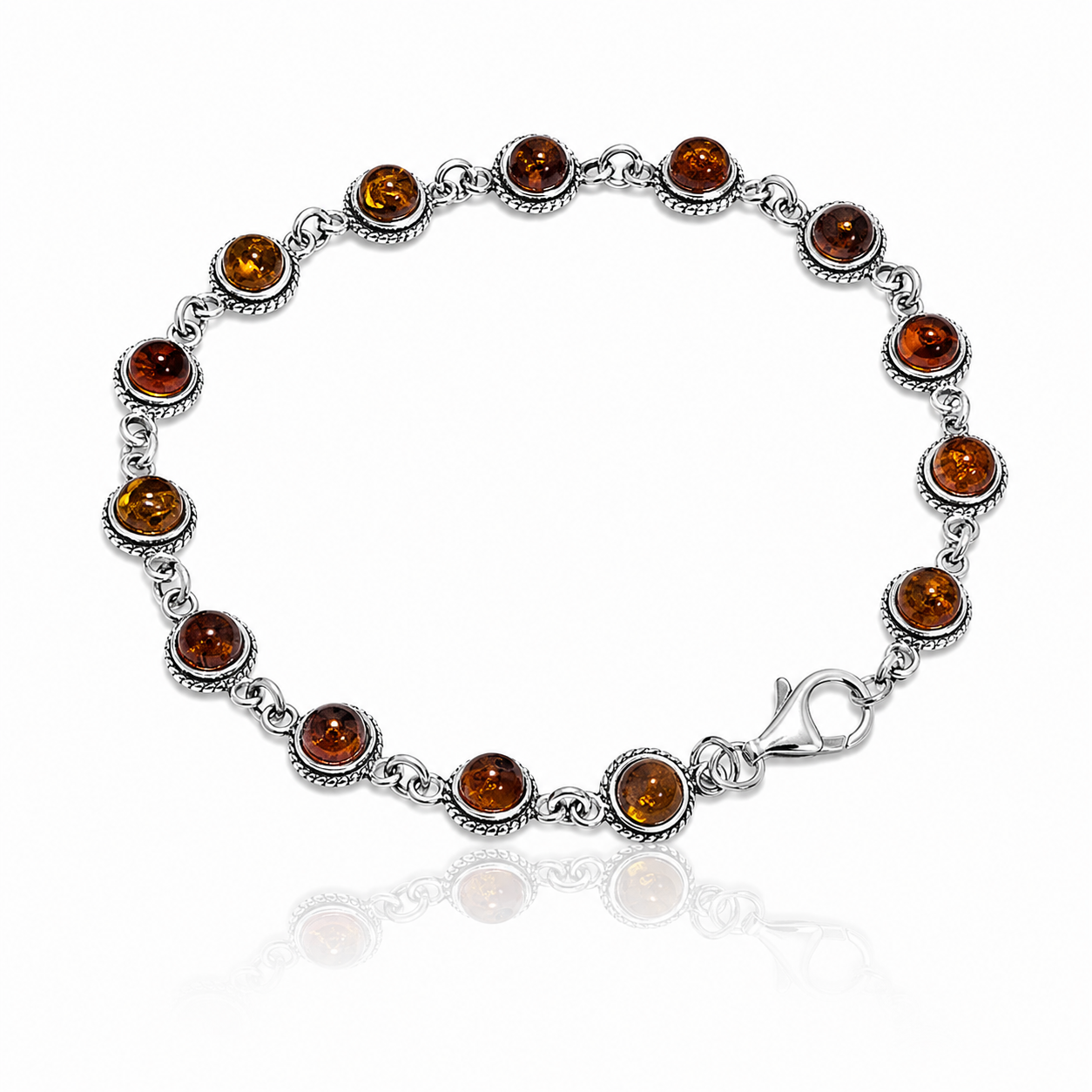 925 Sterling Silver & Genuine Baltic Amber Round Classic Link Bracelet - 3379