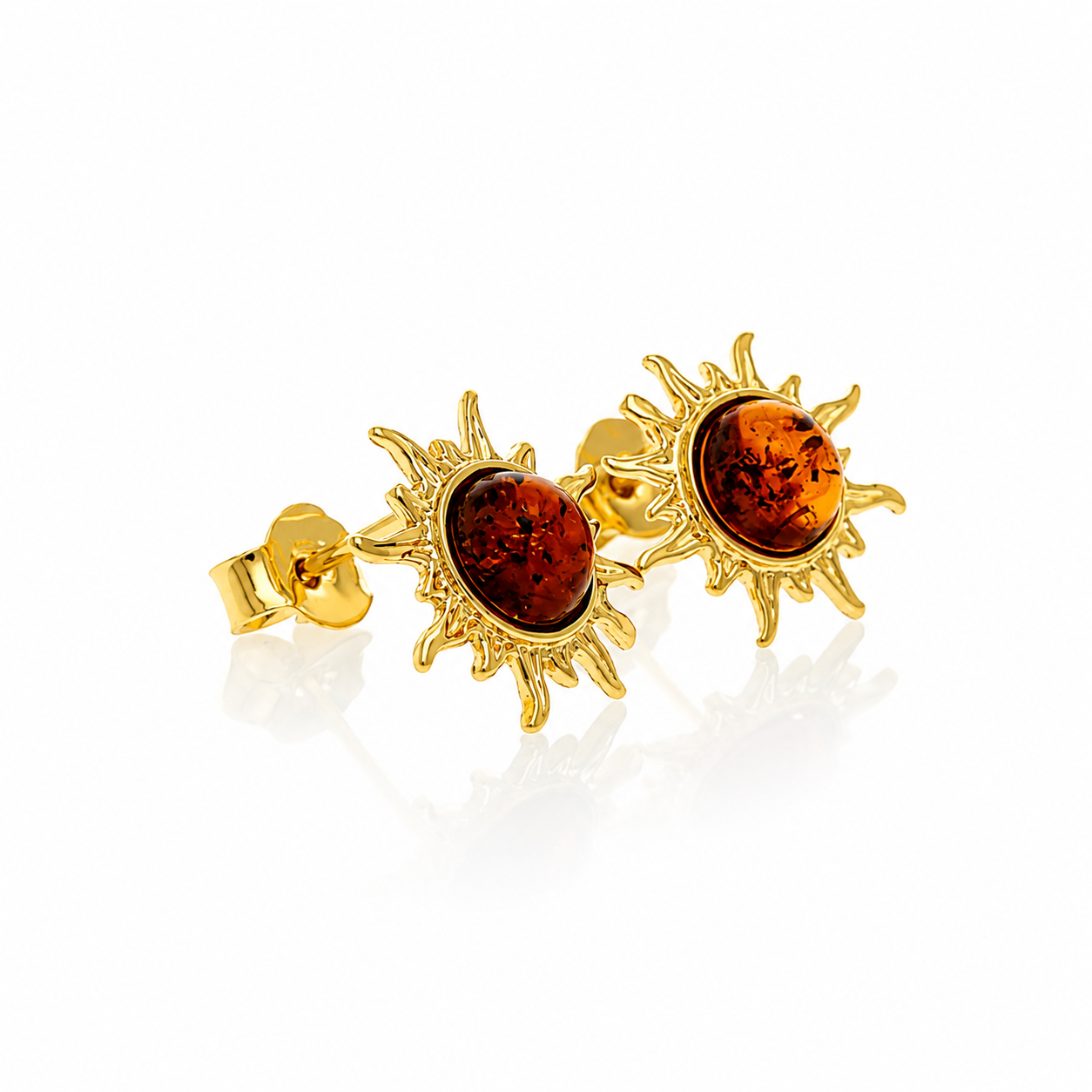 Gold Plated over 925 Sterling Silver & Genuine Baltic Amber Classic Sun Studs Earrings - 8549G