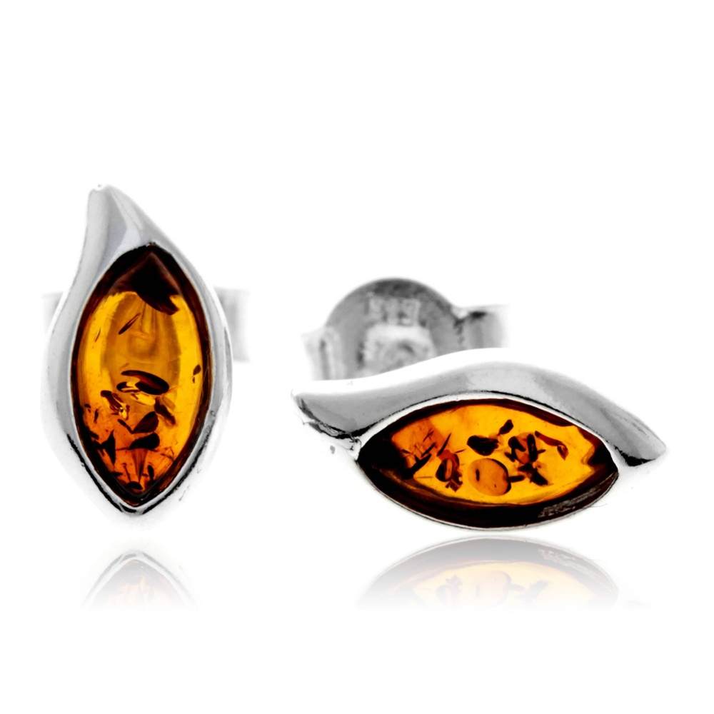 925 Sterling Silver & Genuine Baltic Amber Classic Oval Studs Earrings - 5283