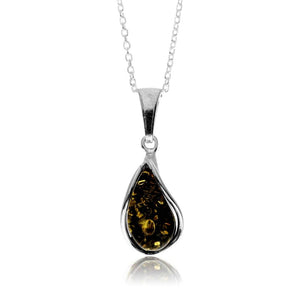 925 Sterling Silver & Genuine Baltic Amber Modern Teardrop Pendant - G235