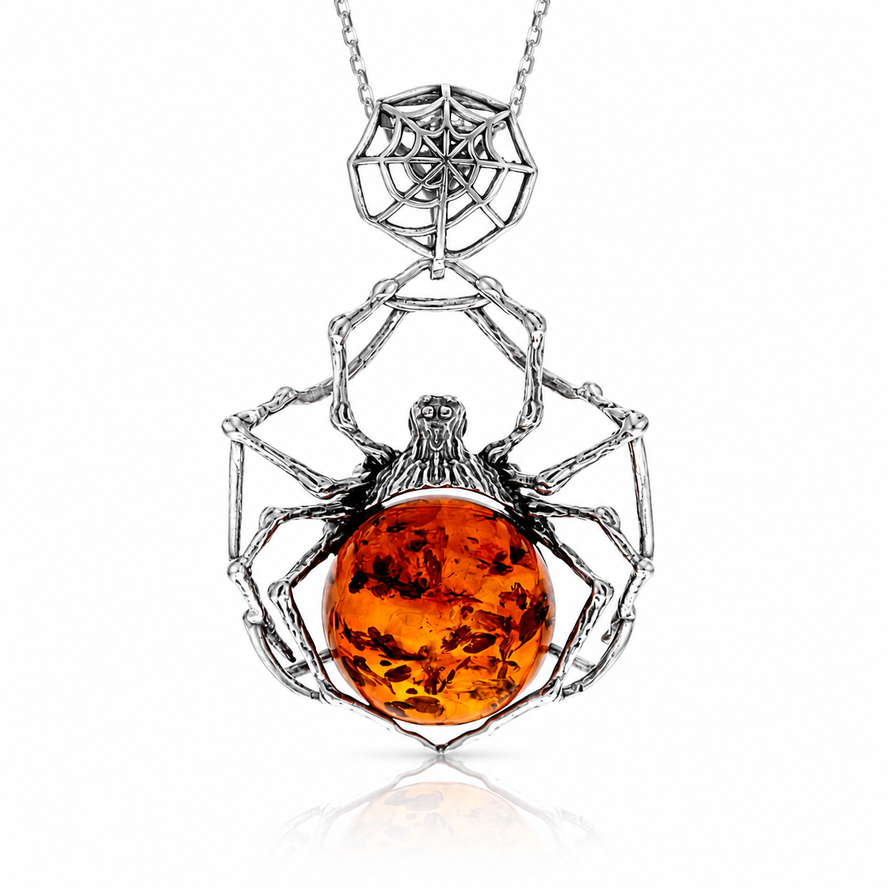 925 Sterling Silver & Genuine Baltic Amber Large Exclusive Spider Pendant - 771