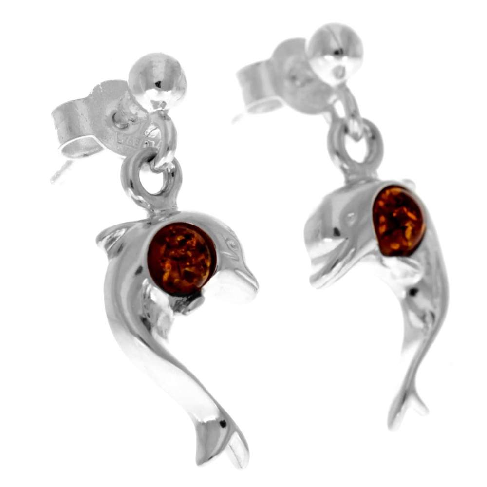 925 Sterling Silver & Genuine Baltic Amber Drop Dolphin Earrings - 5468