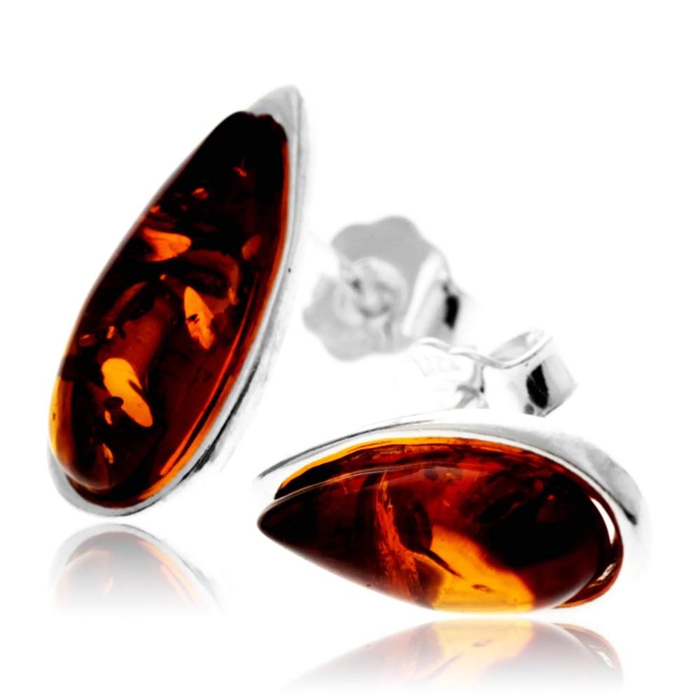 925 Sterling Silver & Baltic Amber Classic Teardrop Studs Earrings - G030S