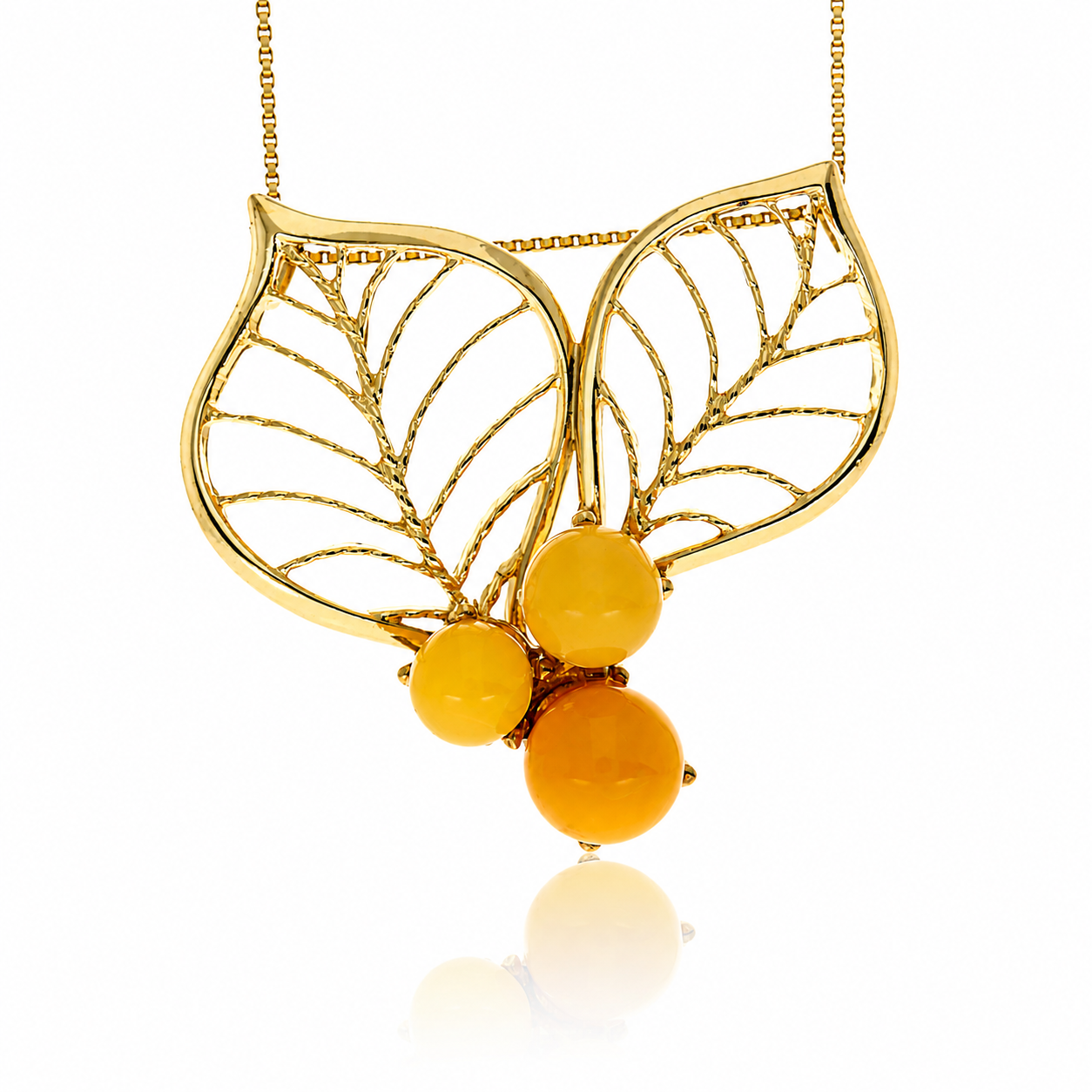 Gold-Plated Over 925 Sterling Silver & Genuine Baltic Amber Double Leaf Detailed Exclusive Pendant - G87