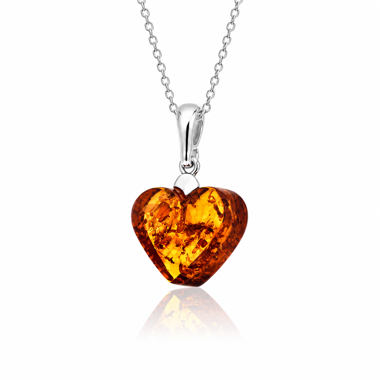 925 Sterling Silver & Genuine Baltic Amber Classic Flat Heart Pendant - AP27