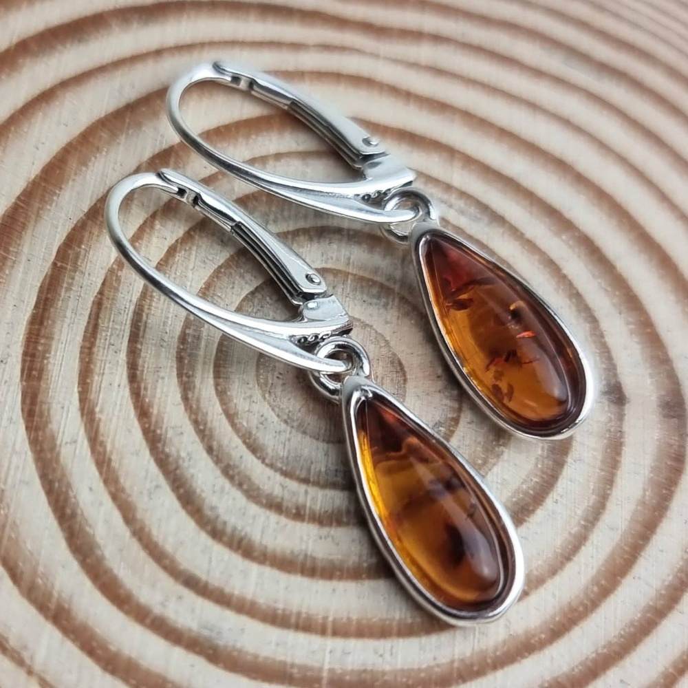 925 Sterling Silver & Baltic Amber Modern Teardrop Drop / Dangle Earrings - G030