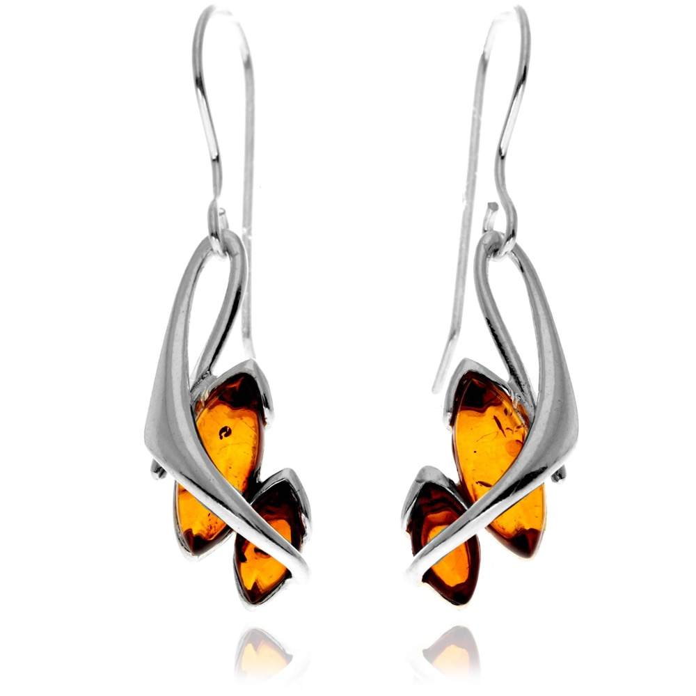 925 Sterling Silver & Genuine Baltic Amber Modern Drop Earrings - GL1046