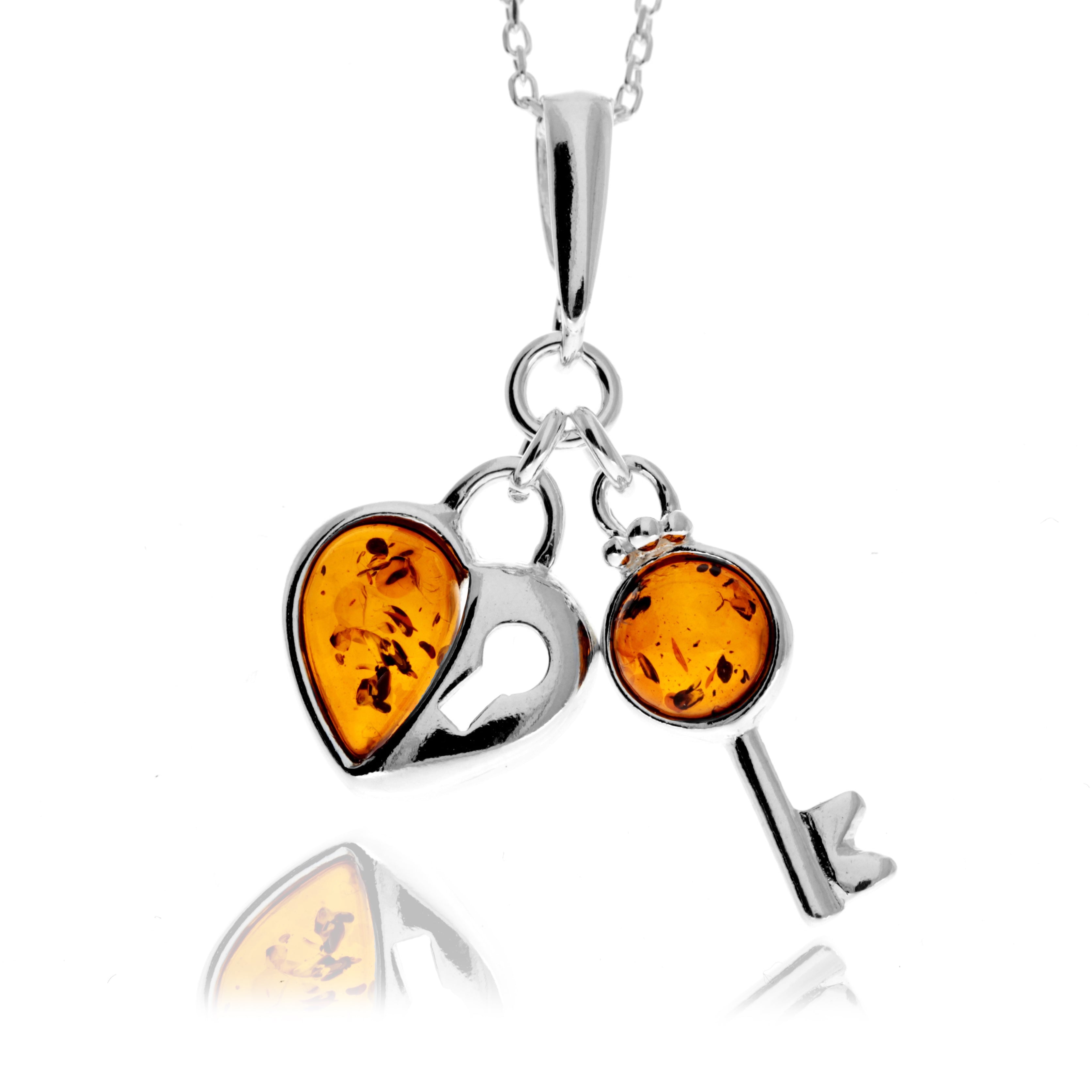 925 Sterling Silver & Baltic Amber Key & Heart Pendant - GL336