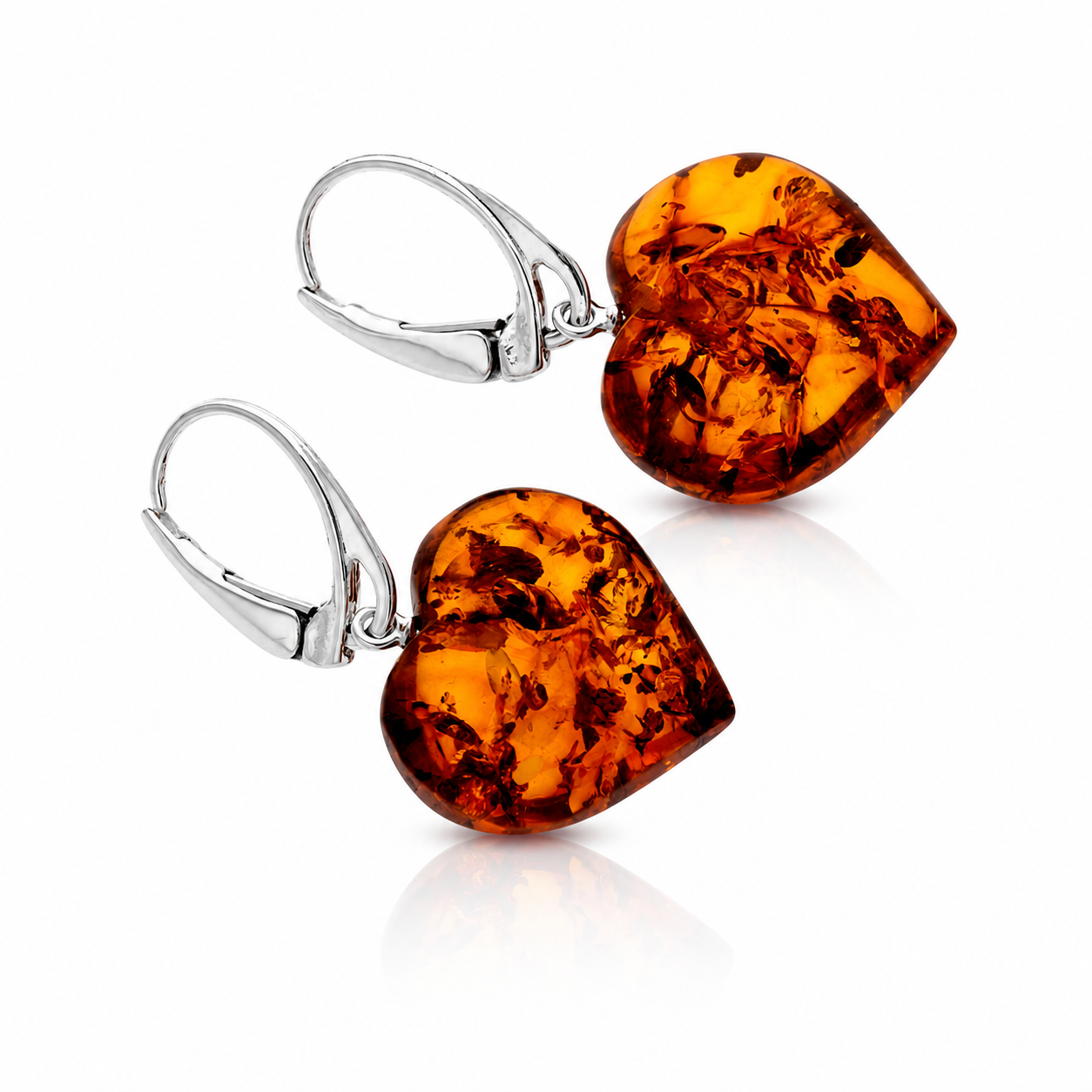 925 Sterling Silver & Genuine Baltic Amber Classic Drop Hearts Earrings - 8623