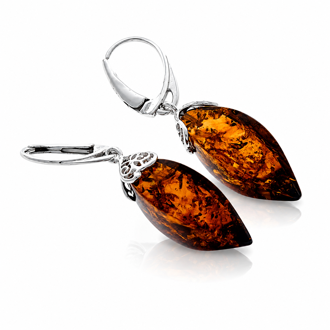 925 Sterling Silver & Genuine Baltic Amber Modern Drop Earrings - 8625