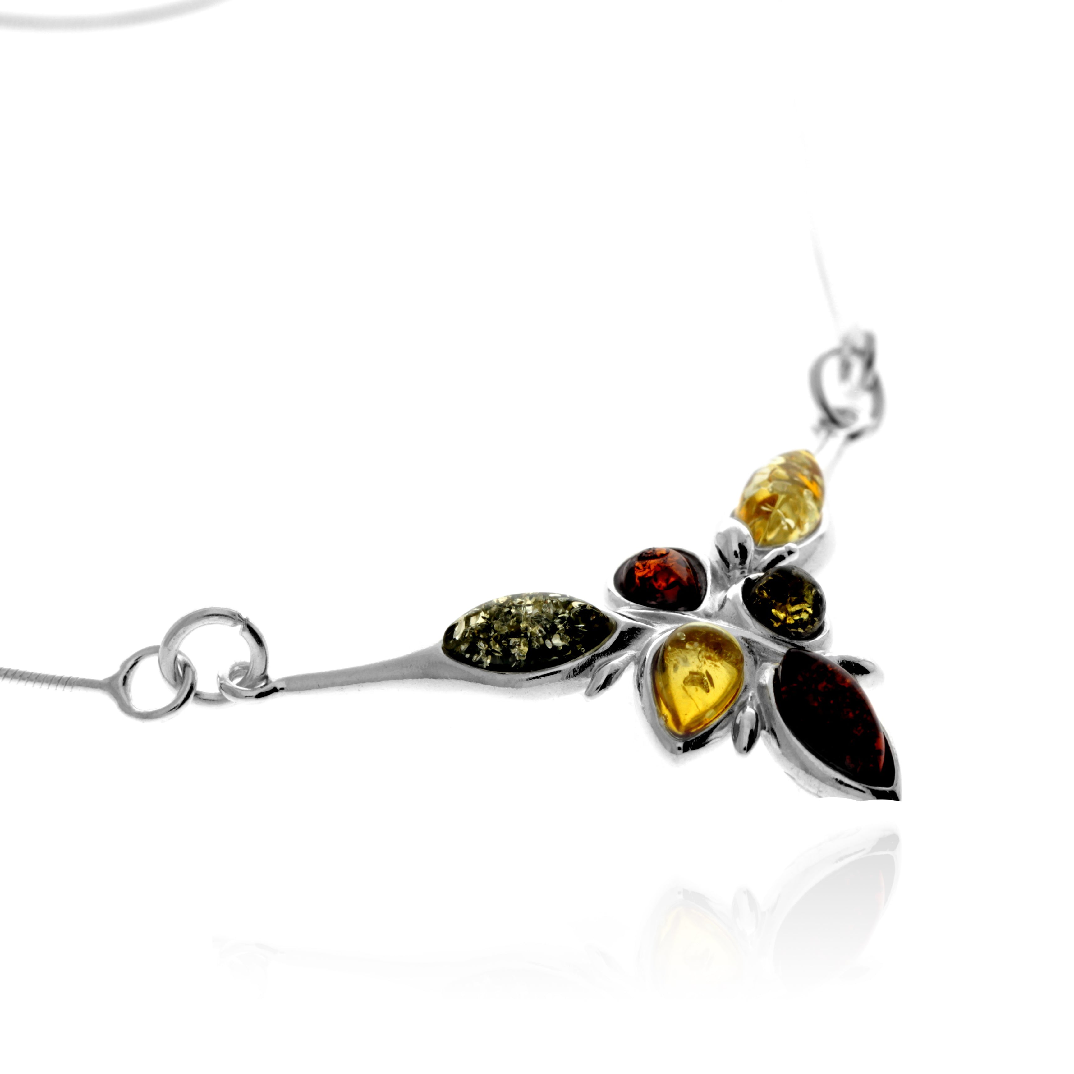 925 Sterling Silver & Genuine Baltic Amber Multi Stones Modern Necklace - 6122