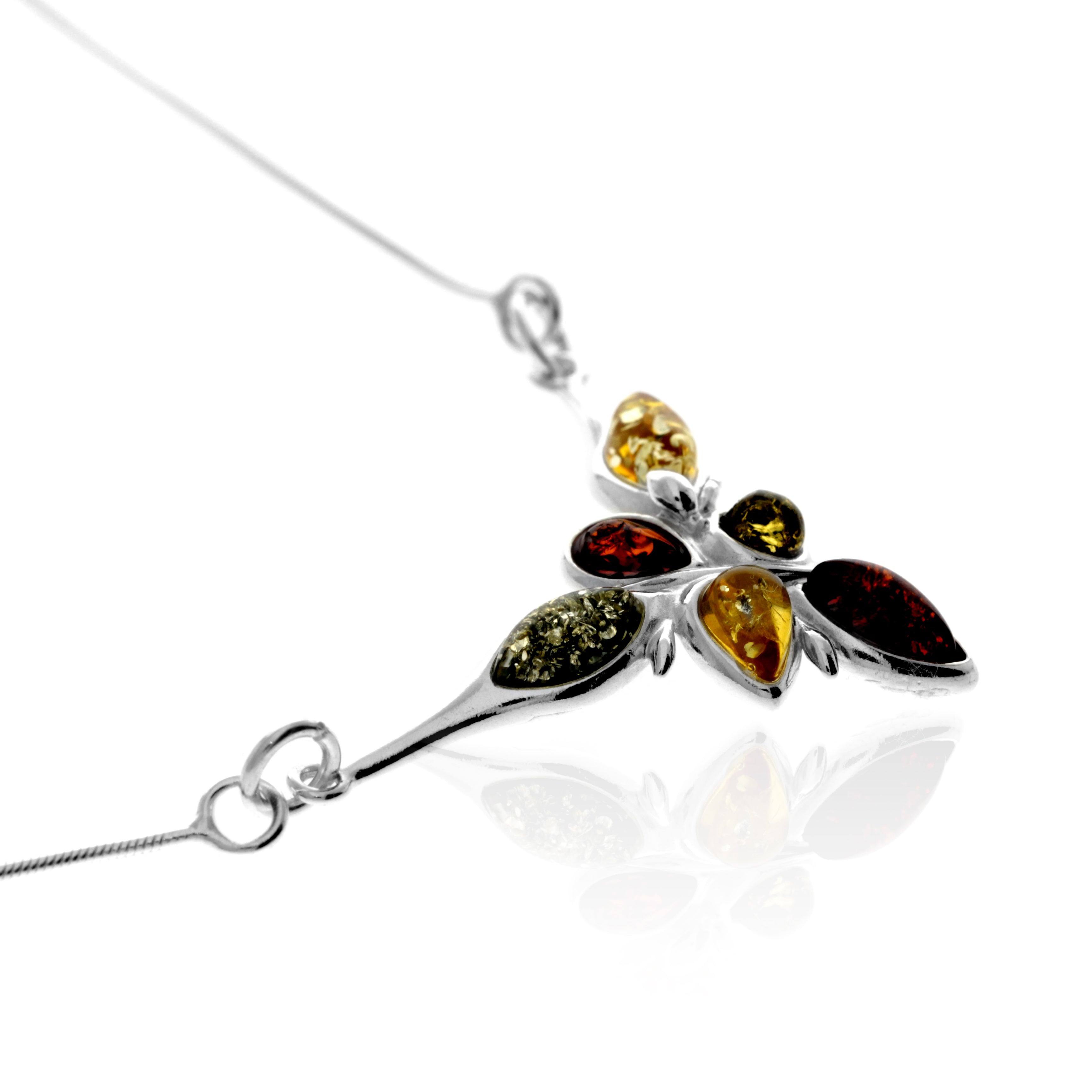 925 Sterling Silver & Genuine Baltic Amber Multi Stones Modern Necklace - 6122